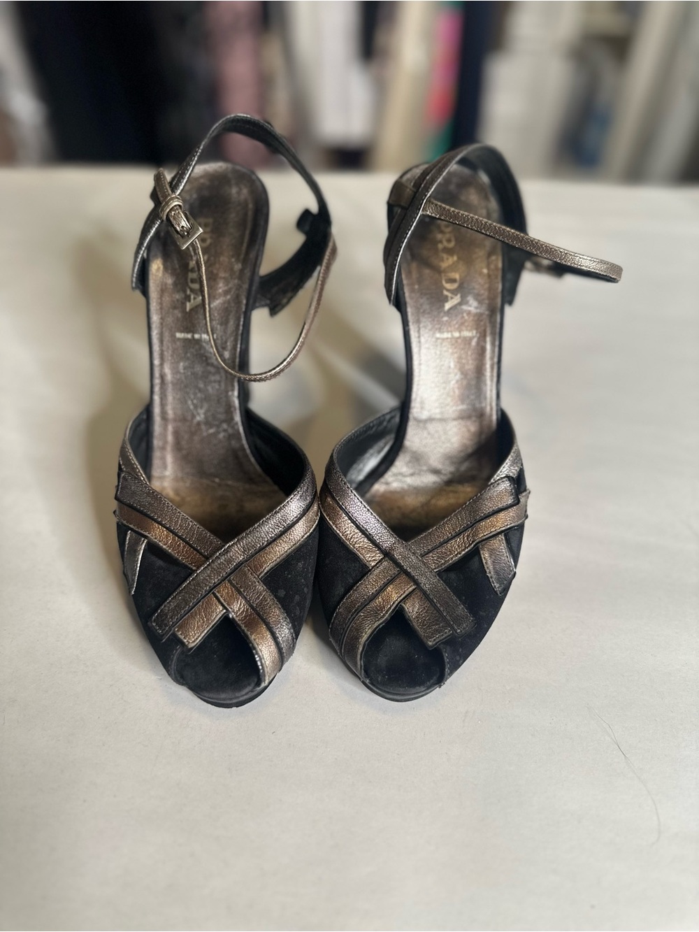 Prada Black Suede Heels with Bronze Metallic Crisscross Straps
